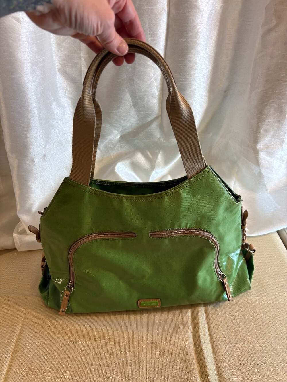 Franco Sarto Green Coated Canvas Shoulder Bag with Tan Trim